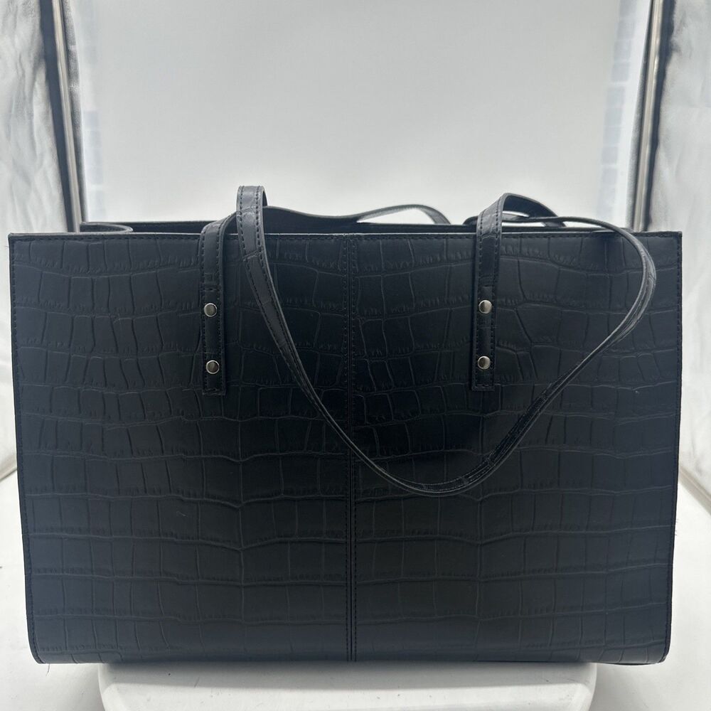 Wilsons Leather Women Handbag Black Leather Croc Embossed Tote Bag Office Siren